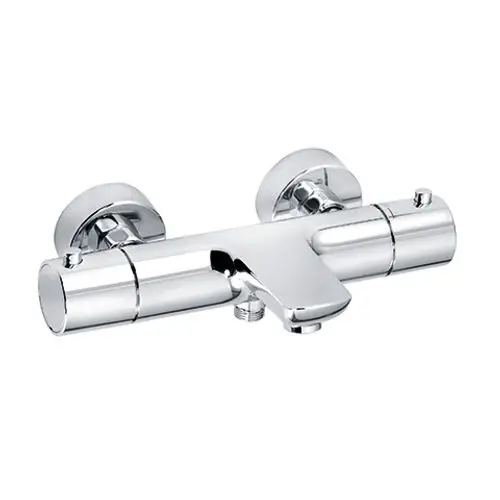 Kludi-Armatur in chrom mit zwei runden Befestigungsplatten, kombiniert für eine Badewanne, mit einem mittig angebrachten Wasserhahn und Temperaturregler.